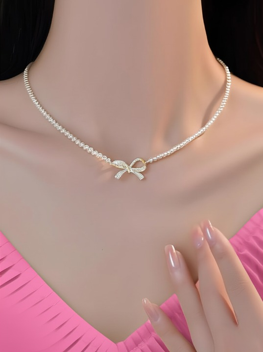 PQT-992 - Bow Shape Pearl Pendant Necklace for Women – Dainty Jewelry with Sparkling Bow Design | Available in Silver &amp; Golden Finish | Perfect Gift for Weddings, Parties &amp; Everyday Glamour - Golden