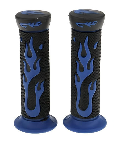 Universal Motorcycle Handlebar Grips 7/8" – Skull Head Flame Rubber Hand Grips (Black/Blue, Black/Red) - Black/Blue