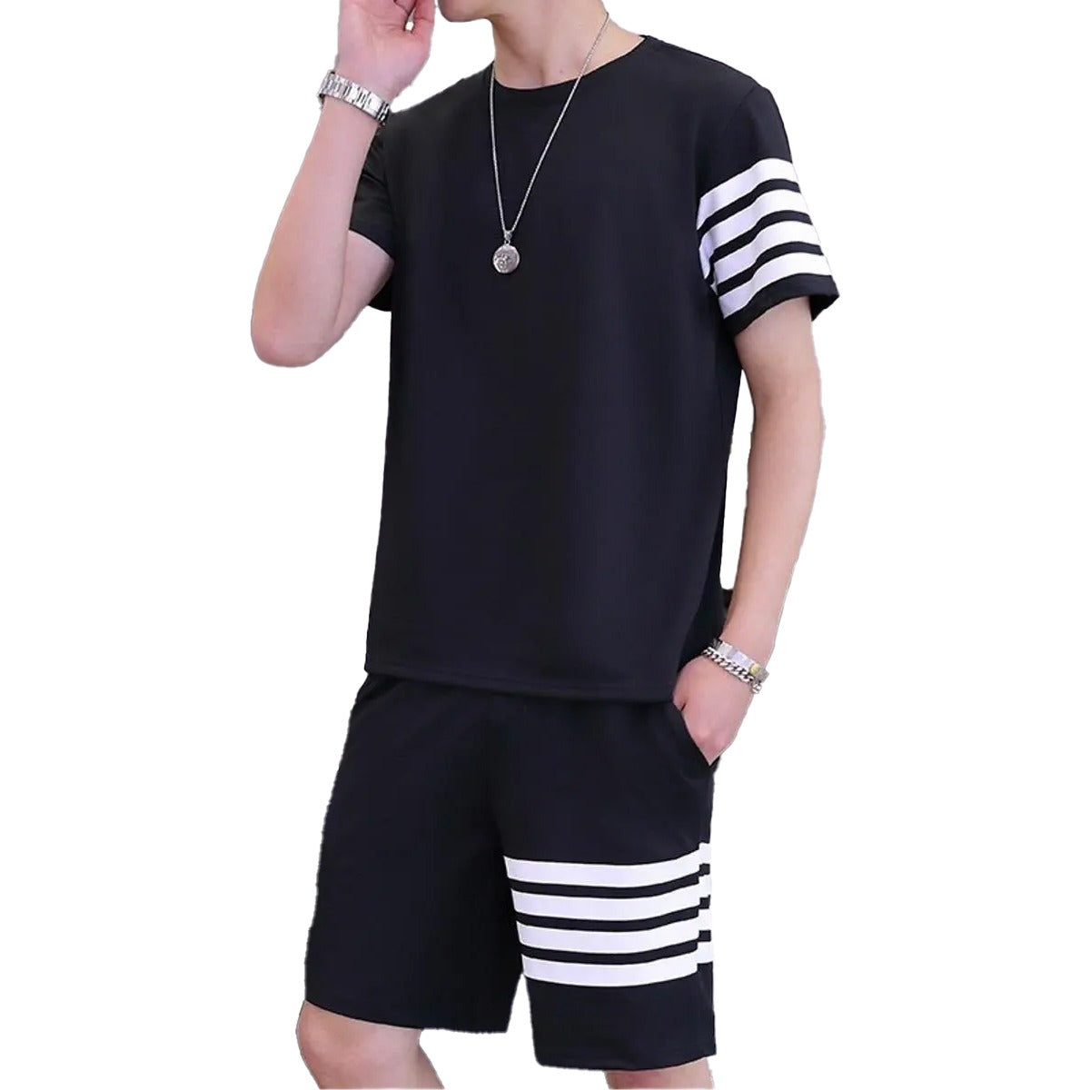 Black Color Trendy LINE Printed Tracksuit for Men | Cotton T-Shirt &amp; Shorts | Summer Casual Wear | Gym &amp; Elegant Suit - M